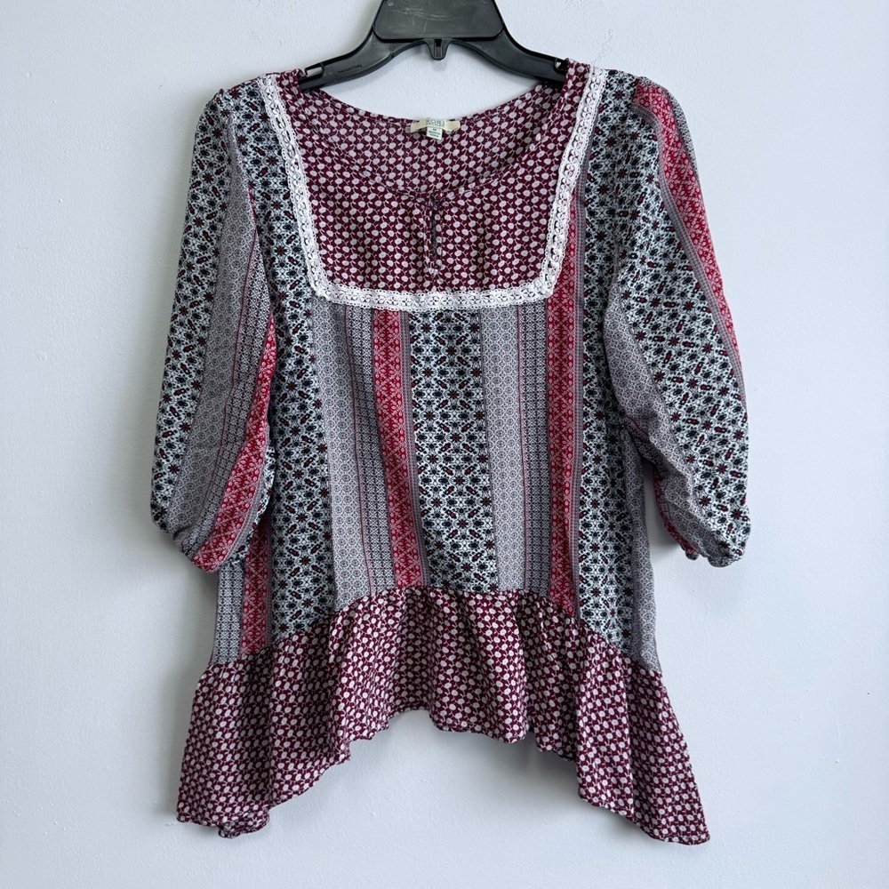 KORI AMERICA Boho Mixed Print Peplum Blouse Burgundy Lace Trim Floral Size M